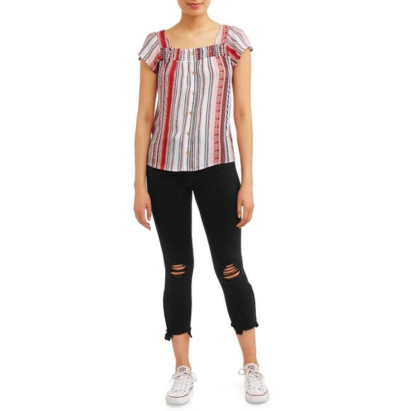 NWT NOBO BROWN/RUST/WHITE STRIPE FLUTTER SLEEVE SQUARE NECK SMOCK TOP XL (15-17) - Picture 3 of 12